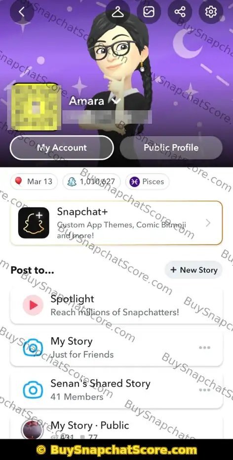 Amara Jabeen bought 1M Score Pack — 5 star Snapchat Score review with score proof photo